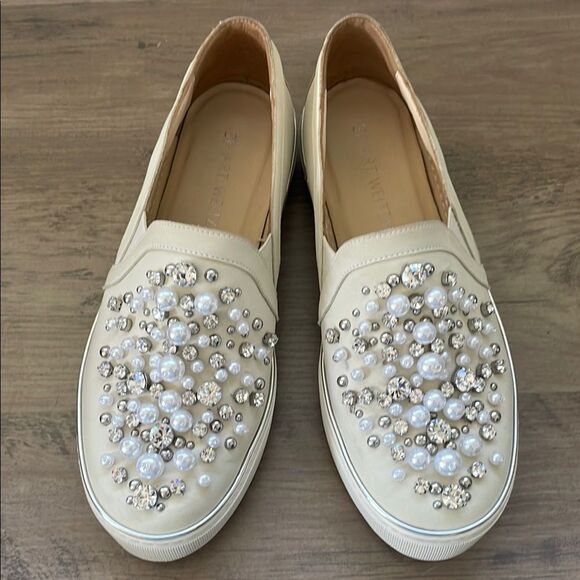 Stuart Weitzman Womens Pearl Crystal Slip-On Leather Platform Sneakers Sz 6.5 - Picture 1 of 11